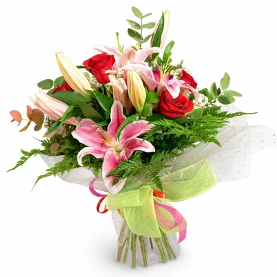 Ramo de Lilium Oriental y Rosas Rojas
