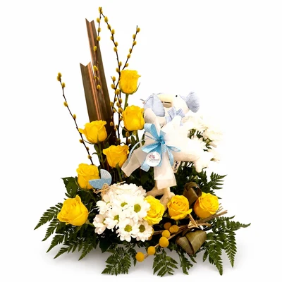 Centro de Flores tonos amarillos con Peluche para Nacimiento