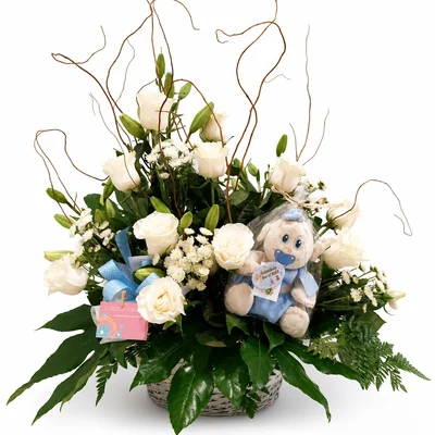 Centro de Flores tonos blancos con Peluche para Nacimiento