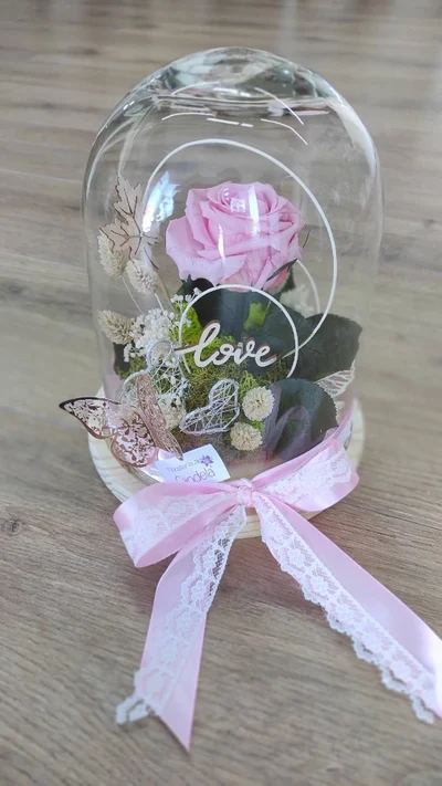 Cúpula de cristal rosa preservada y decoración